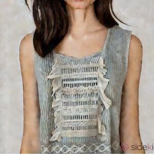 BOHO women’s linen blend knit tank top vest beige taupe ruffle detail small